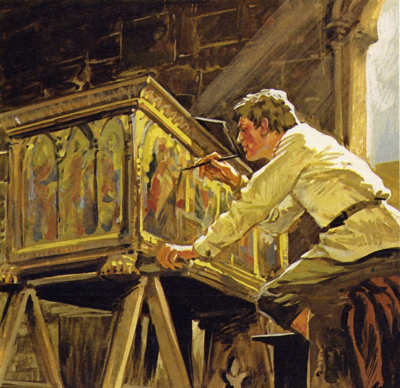 Duccio di Buoninsegna arbetade i Siena med att dekorera askar (färglitografi) av Luis Arcas Brauner
