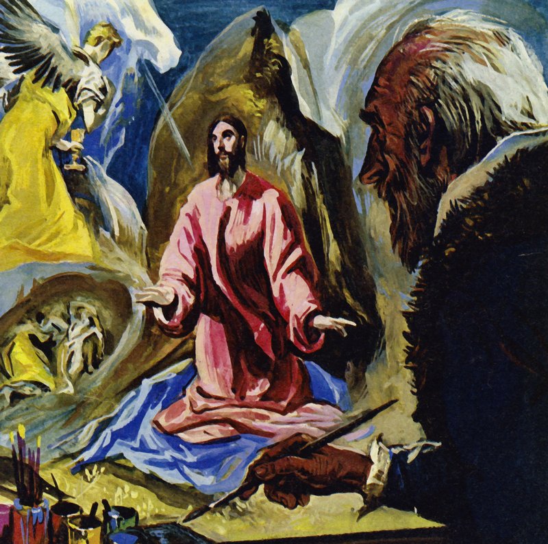El Greco fortsatte att måla religiösa motiv fram till sin död vid 73 års ålder (färglitografi) av Luis Arcas Brauner