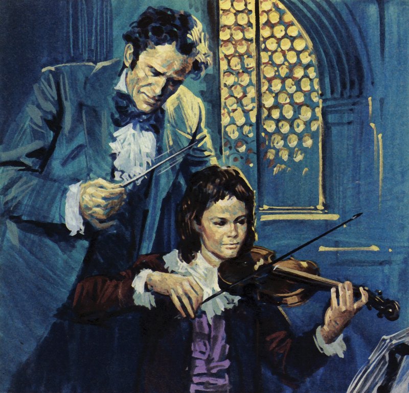 Eugene Delacroix var ett bräckligt barn som tidigt visade talang för violin (färglitografi) av Luis Arcas Brauner