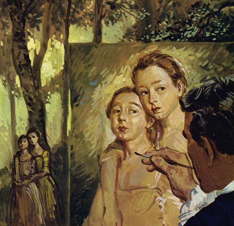 Gainsborough målade ofta porträtt av sina två döttrar (färglitografi) av Luis Arcas Brauner