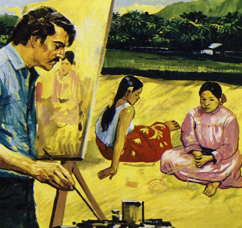 Gauguin målade infödingsflickor på Tahiti (färglitografi) av Luis Arcas Brauner