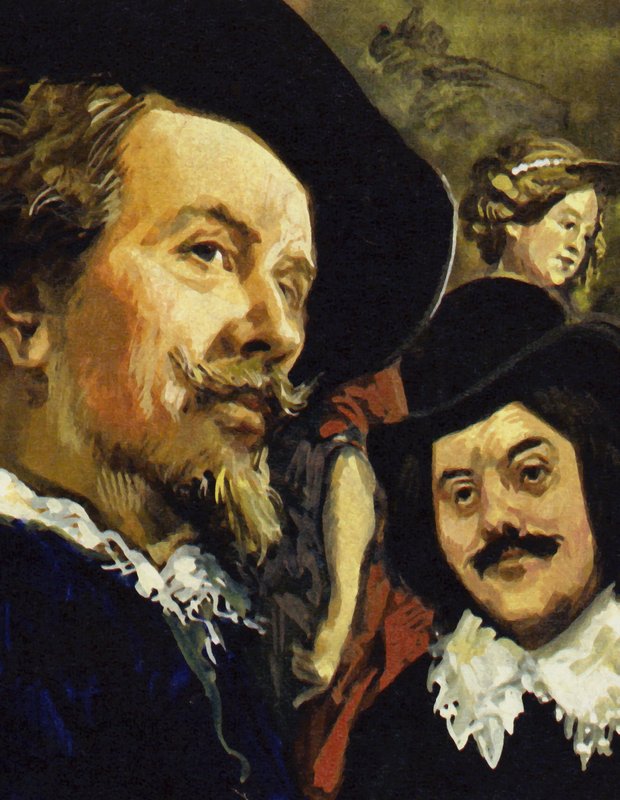 Hals träffade Paul Rubens (t.v.) på en resa till Antwerpen (färglitografi) av Luis Arcas Brauner