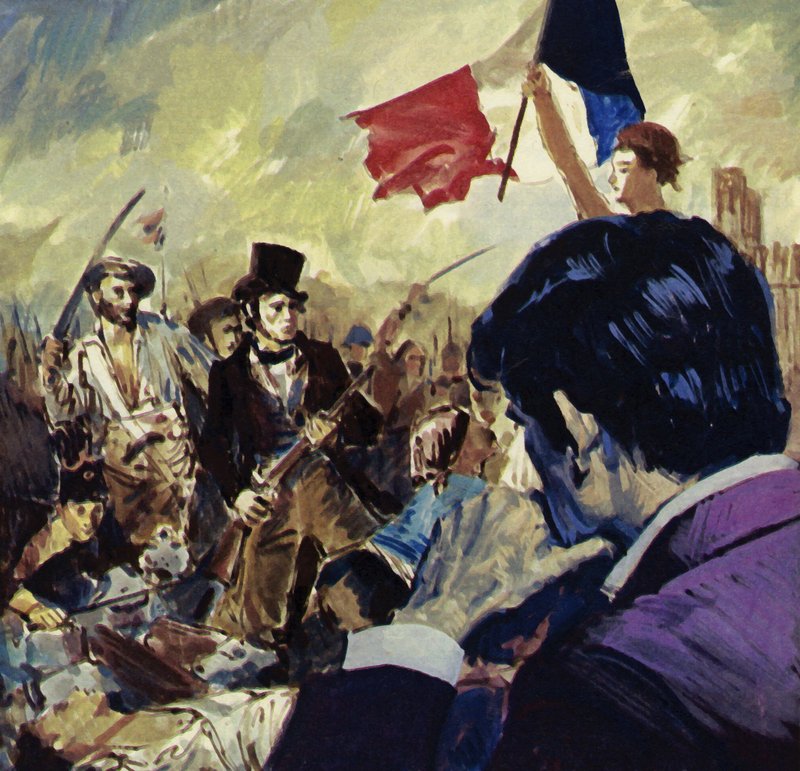 Den franska revolutionen inspirerade Eugene Delacroix att måla Friheten som vägleder det franska folket (färglitografi) av Luis Arcas Brauner