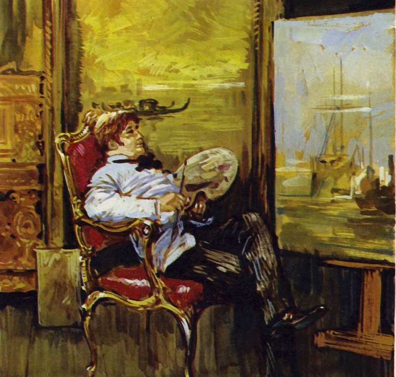 Turner sittande framför en av sina målningar (färglitografi) av Luis Arcas Brauner