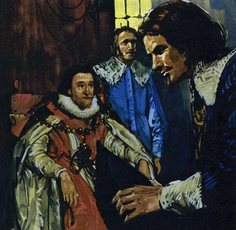 Van Dyck uppmärksammades av earlen av Arundel som presenterade honom för kung James I (färglitografi) av Luis Arcas Brauner
