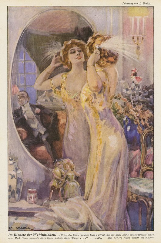 Kvinna som tittar i spegeln (färg litho) av Luis Usabal