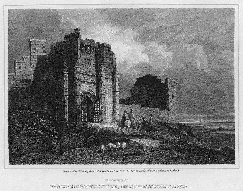 Ingång till Warkworth Castle, Northumberland (gravyr) av Luke (after) Clennell