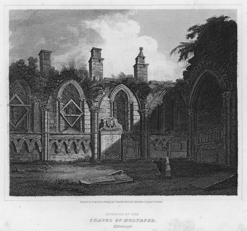 Interiör av Chapel of Holyrood, Edinburgh (gravyr) av Luke (after) Clennell