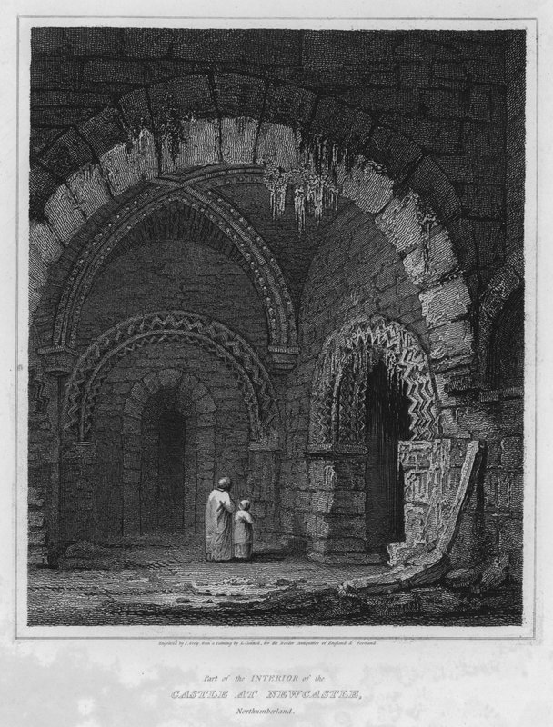 En del av det inre av slottet i Newcastle, Northumberland (gravyr) av Luke (after) Clennell