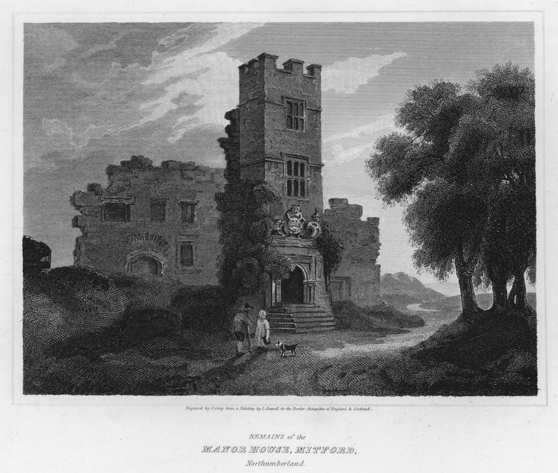 Rester av herrgården, Mitford, Northumberland (gravyr) av Luke (after) Clennell