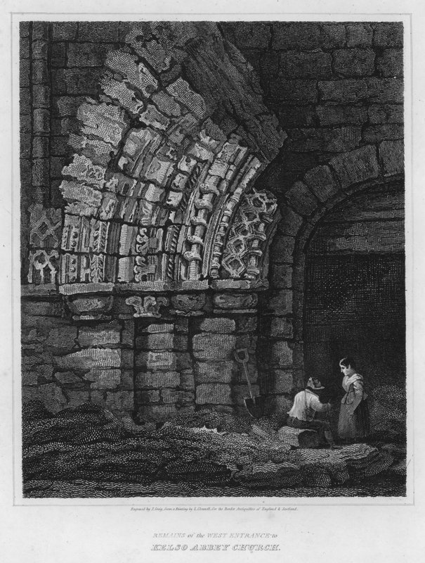 Rester av västra ingången till Kelso Abbey Church (gravyr) av Luke (after) Clennell