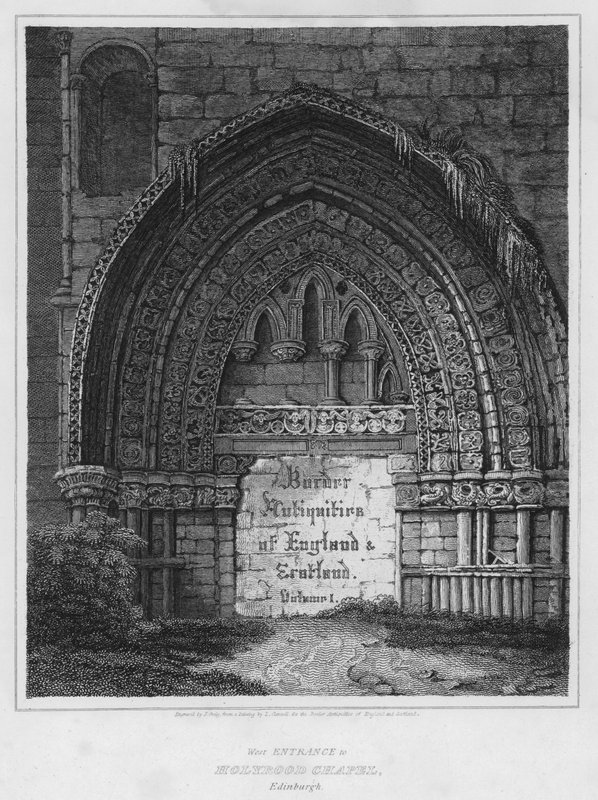 Västra ingången till Holyrood Chapel, Edinburgh (gravyr) av Luke (after) Clennell