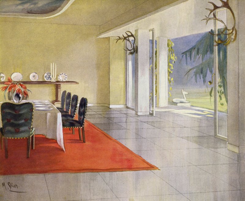1930-talsinredning: Matsal i ett hus på landet (färg litho) av M. Stier