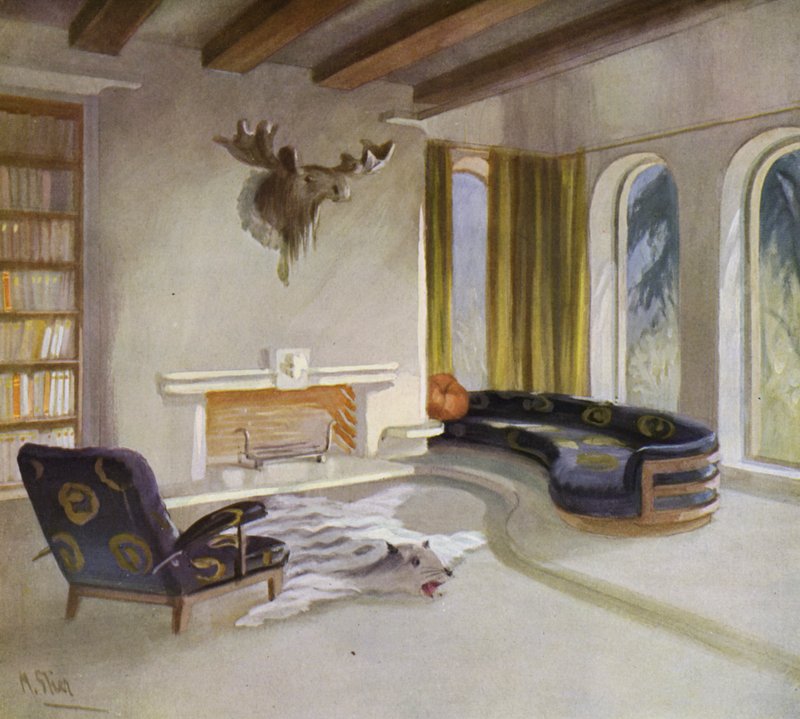 1930-talsinteriörer: Rökrum i ett hus på landet (färg litho) av M. Stier