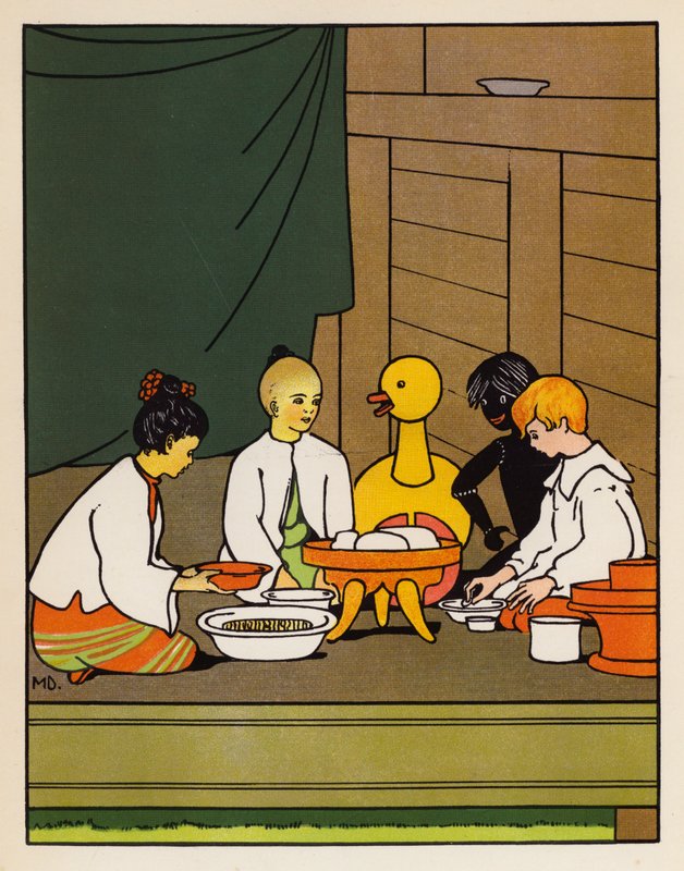 "Middagsris" (färglitografi) av Mabel Dearmer