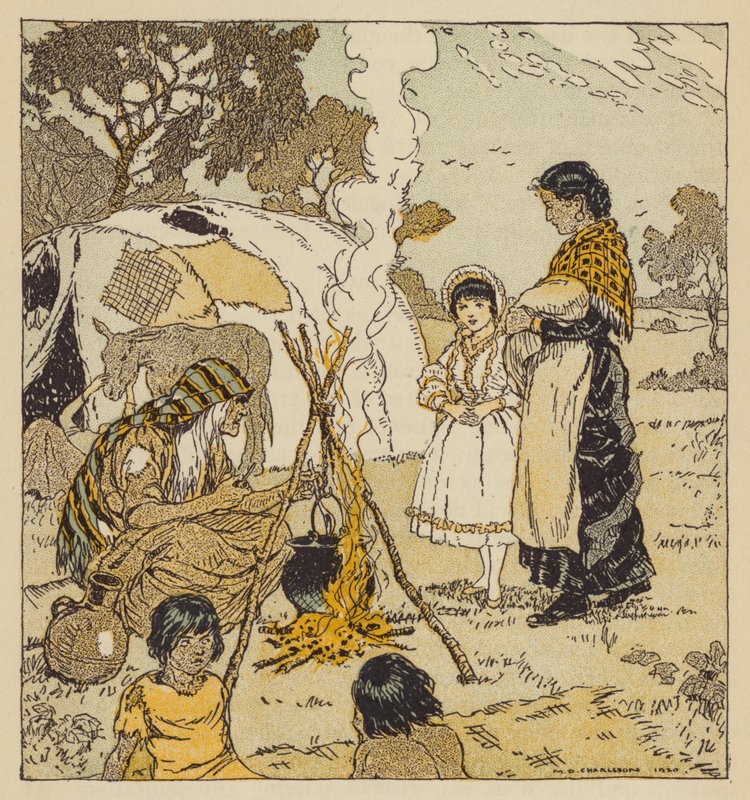 Maggie Tulliver med zigenarna, scen från The Mill on the Floss, av George Eliot (färg litho) av Malcolm Daniel Charleson