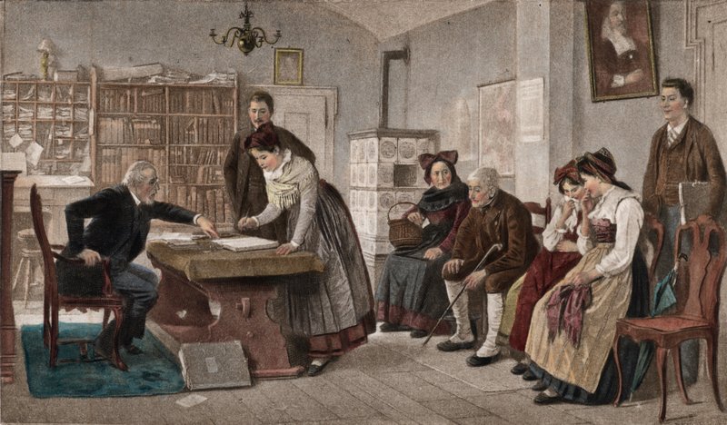 Underteckna äktenskapskontrakt (fotogravyr i färg) av Marc Louis Benjamin Vautier