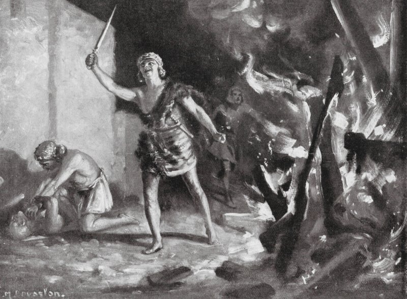 Elamiter bränner och plundrar en babylonisk by (lito) av Margaret (after) Dovaston