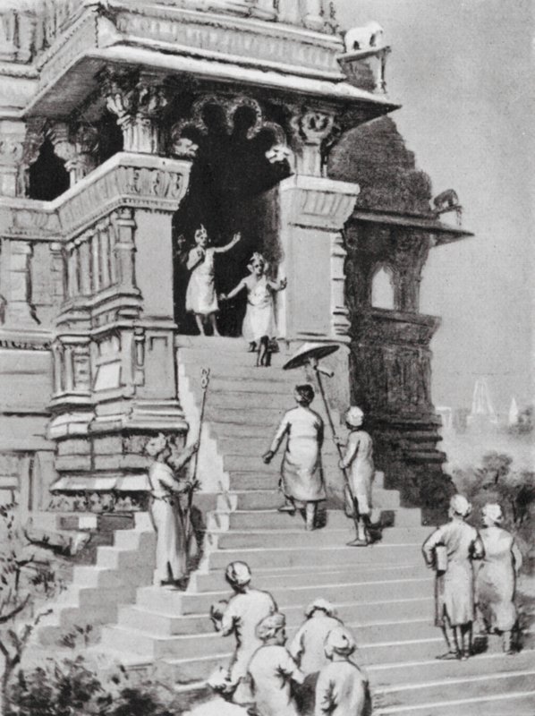 Kirtivarman Chandella besöker sitt tempel i Khajurahu, AD 1065 (litografi) av Margaret (after) Dovaston