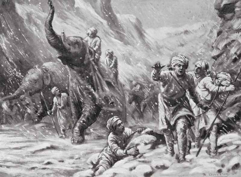 Mahmud av Ghaznis första framgång, 1000 e.Kr (litografi) av Margaret (after) Dovaston