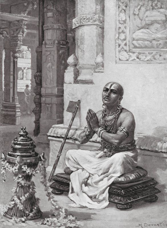 Ramanuja begrundar sin filosofi om den ende personlige guden, 1100 e.Kr (litografi) av Margaret (after) Dovaston