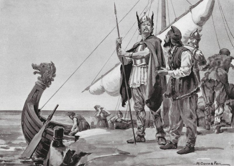 Rurik reser till slavernas land, 862 e.Kr. (litografi) av Margaret (after) Dovaston