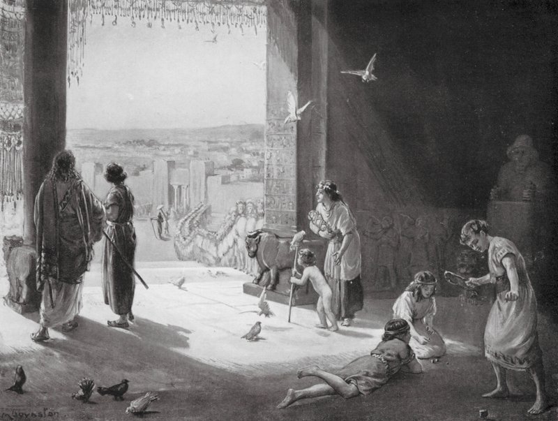 Sangar av Carchemish som tar emot Ashur-nasir-pal III (lito) av Margaret (after) Dovaston