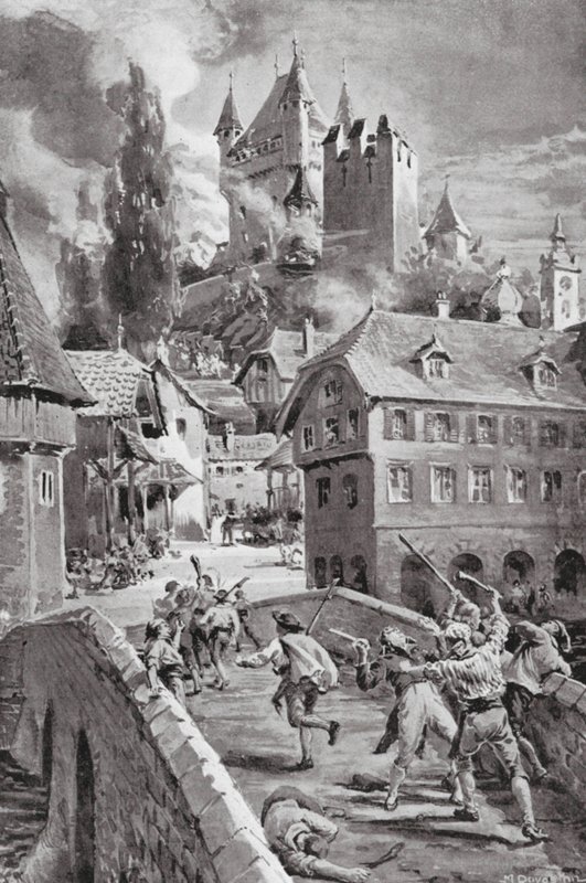 Bränningen av slottet Wadenschwyl 1804 (litografi) av Margaret (after) Dovaston