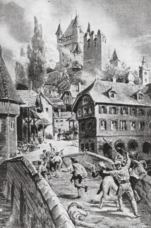 Bränningen av slottet Wadenschwyl 1804 (litografi) av Margaret (after) Dovaston