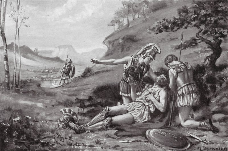 Epameinondas död, 362 f.Kr. (litografi) av Margaret (after) Dovaston