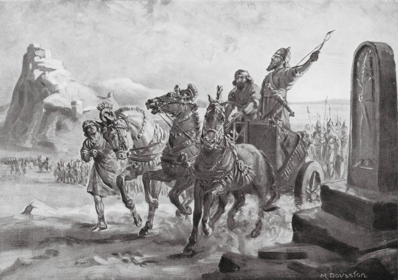 Tiglath-Pileser IV framför citadellet i Turushpa (litografi) av Margaret (after) Dovaston