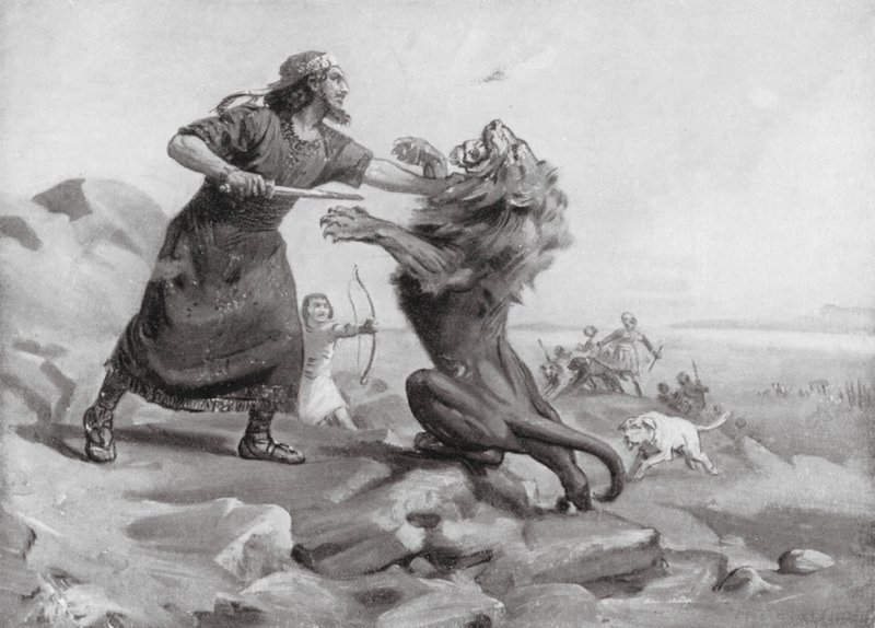 Tiglath-Pileser I dräper ett lejon (litografi) av Margaret (after) Dovaston
