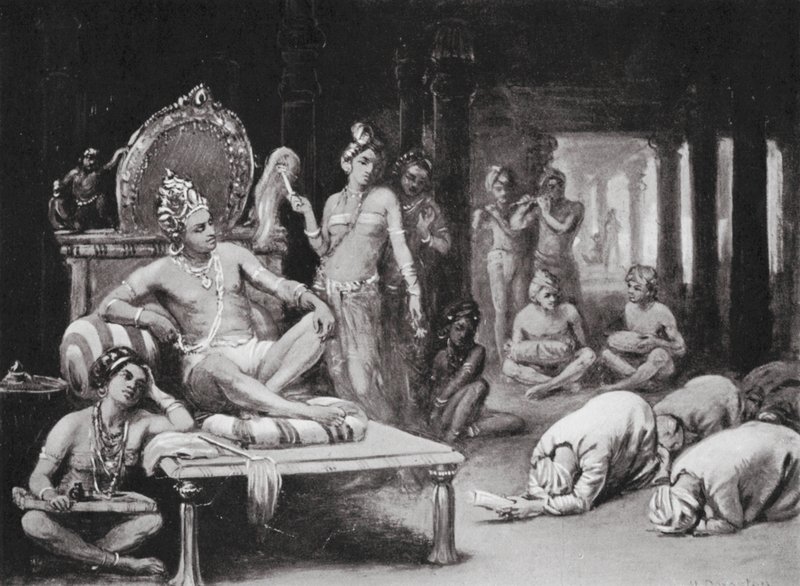 Vikramanka Chalukhya skickar ett vänligt brev till Kulottunga Chola (litografi) av Margaret (after) Dovaston
