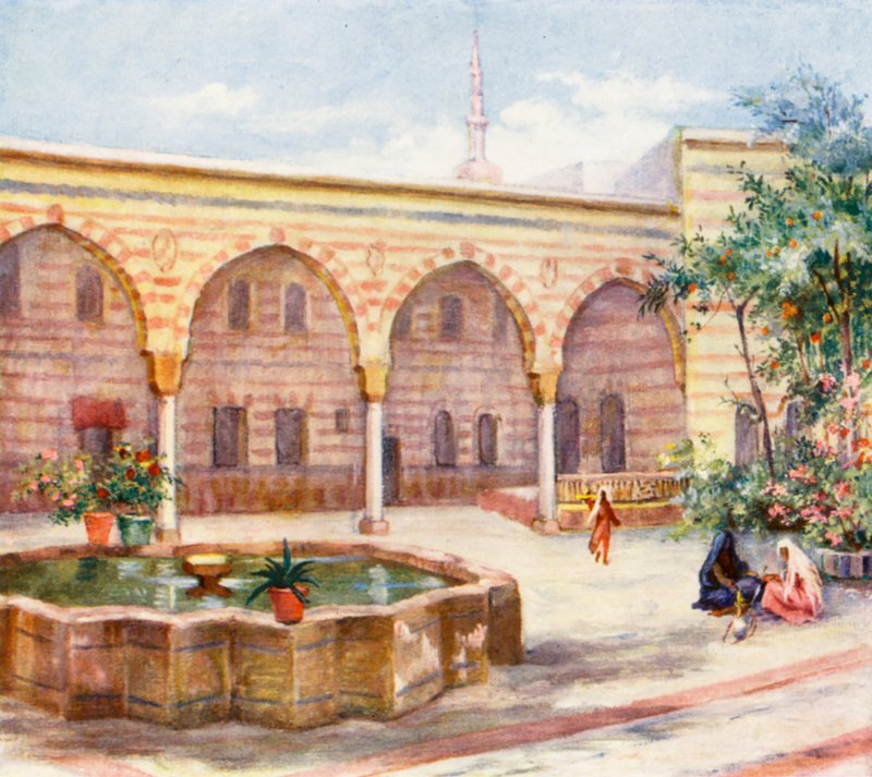 Hovet i Asad Pashas hus, Damaskus (färglitografi) av Margaret Thomas