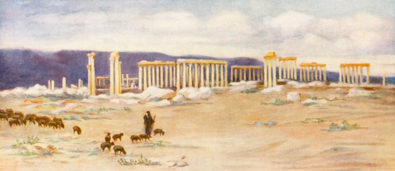 Allmän vy över kolonnaden, Palmyra (färglitografi) av Margaret Thomas