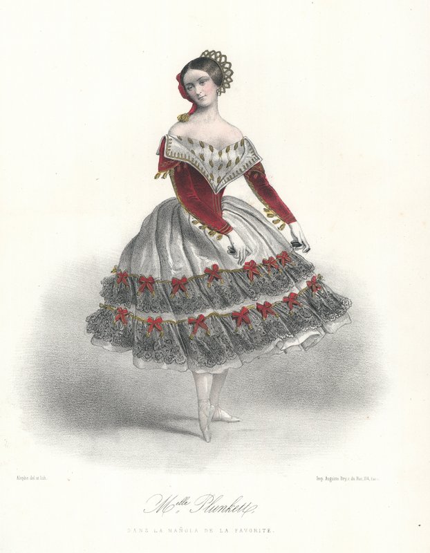 Den belgiska balettdansösen Adeline Plunkett i La Manola de la Favorite, c1860 (färglitografi) av Marie Alexandre (after) Alophe
