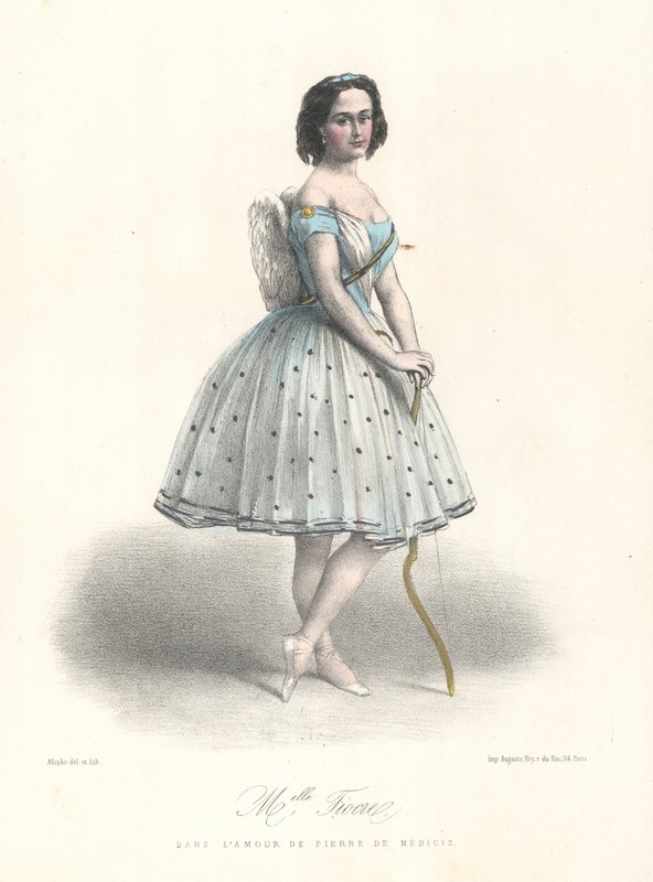 Franska balettdansösen Louise Fiocre i The Love of Pierre de Medicis på Parisoperan, c1860 (färg litho) av Marie Alexandre (after) Alophe