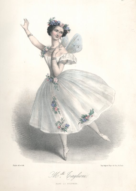 Italienska balettdansösen Marie Taglioni i sin far Filippo Taglionis balett Le Sylphide på Parisoperan av Marie Alexandre (after) Alophe