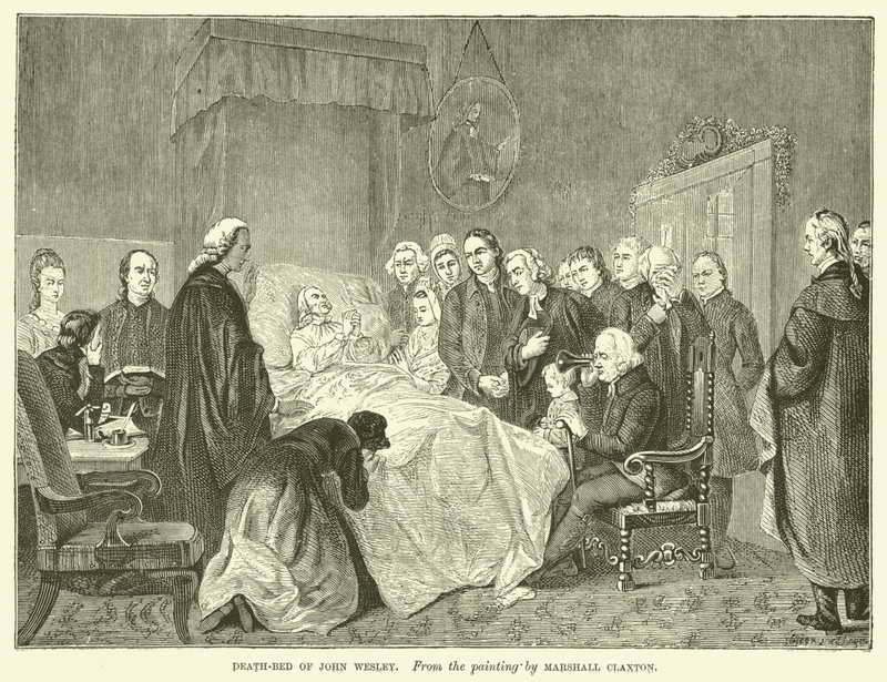 John Wesleys dödsbädd (gravyr) av Marshall (after) Claxton