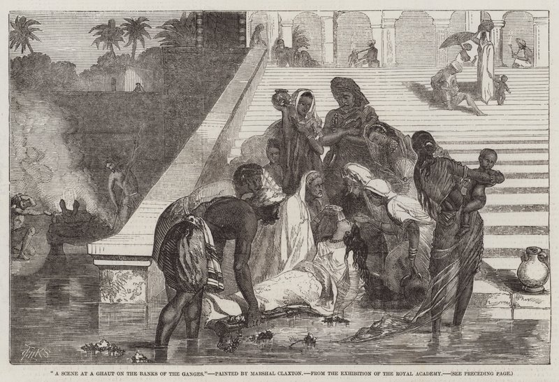 En scen på en Ghaut på stranden av Ganges, från utställningen av Royal Academy av Marshall Claxton