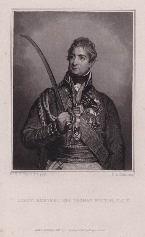 Sir Thomas Picton, walesisk general från Napoleonkrigen dödad i slaget vid Waterloo (gravyr) av Martin Archer (after) Shee