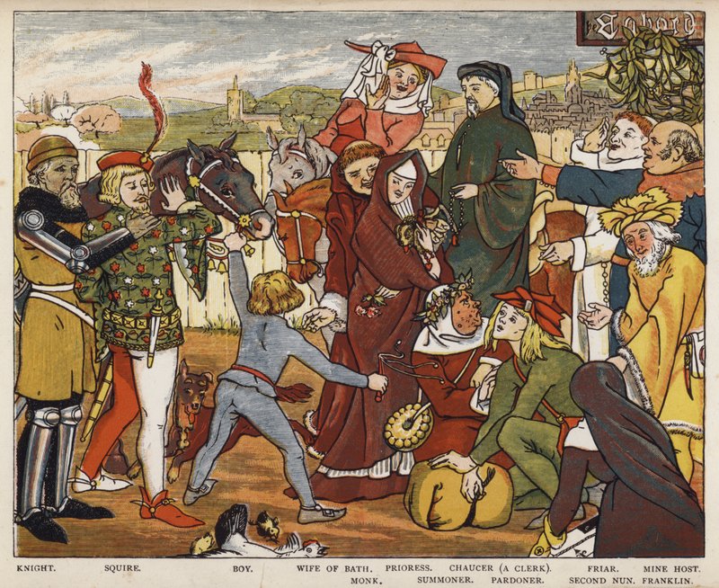 Geoffrey Chaucer, The Canterbury Tales, The Pilgrims leaving The Tabard Inn (färg litho) av Mary Eliza Haweis