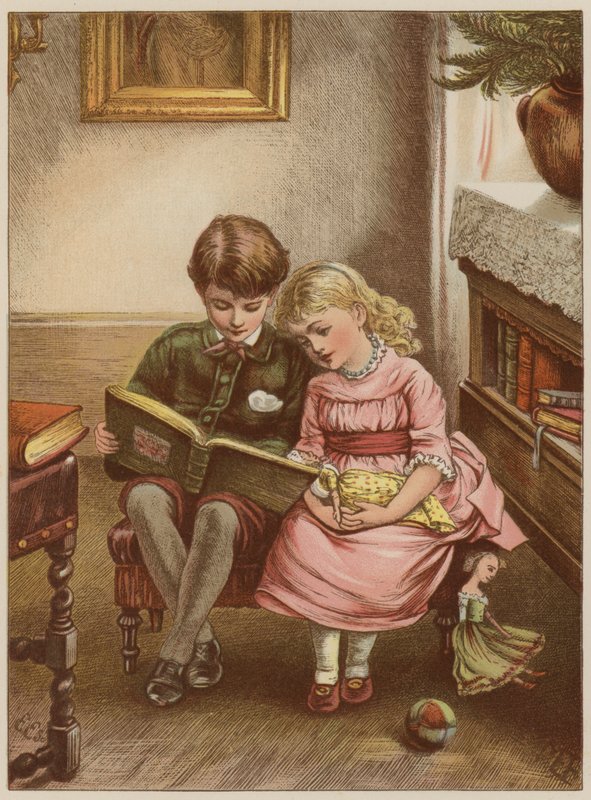 Pojke och flicka läser bok (chromolitho) av Mary Ellen Edwards
