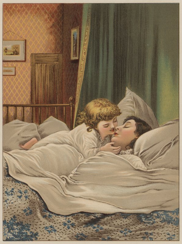 Barn i säng med mamma (chromolitho) av Mary Ellen Edwards