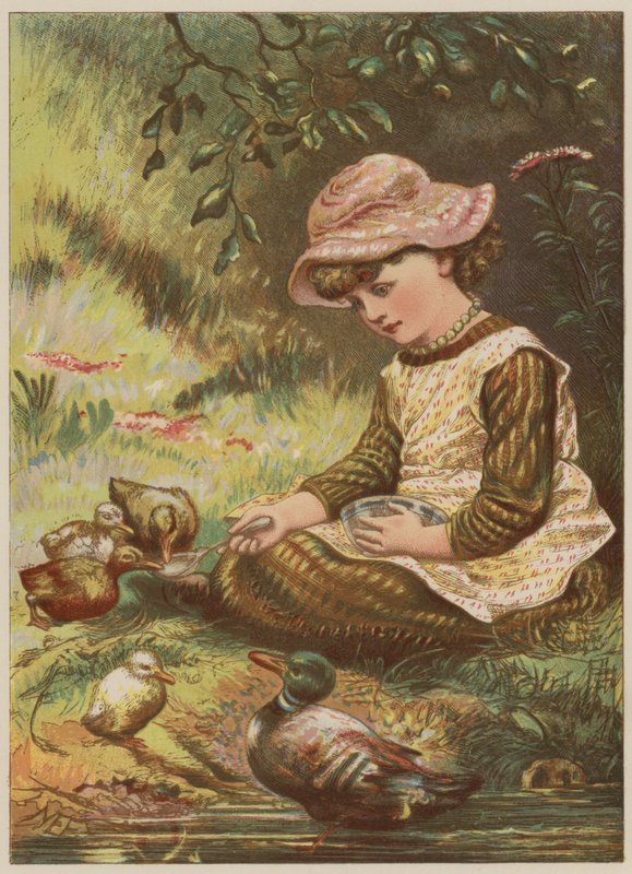 Flicka som matar ankungar (chromolitho) av Mary Ellen Edwards
