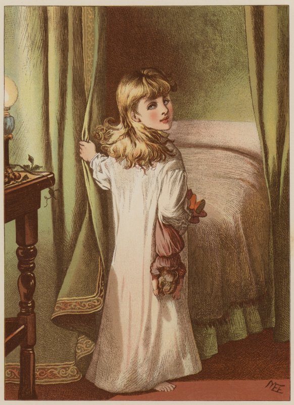 Tjej som drar sig tillbaka till sängen (chromolitho) av Mary Ellen Edwards