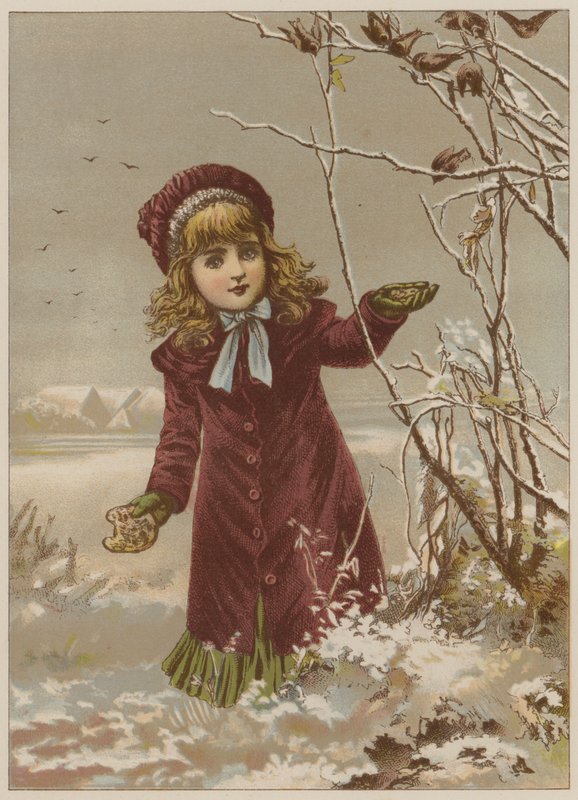 Tjej som tar bröd för att mata fåglar i snön (chromolitho) av Mary Ellen Edwards