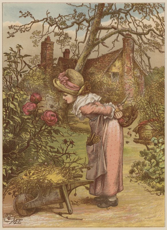 Flicka som tittar på bi i trädgården (chromolitho) av Mary Ellen Edwards