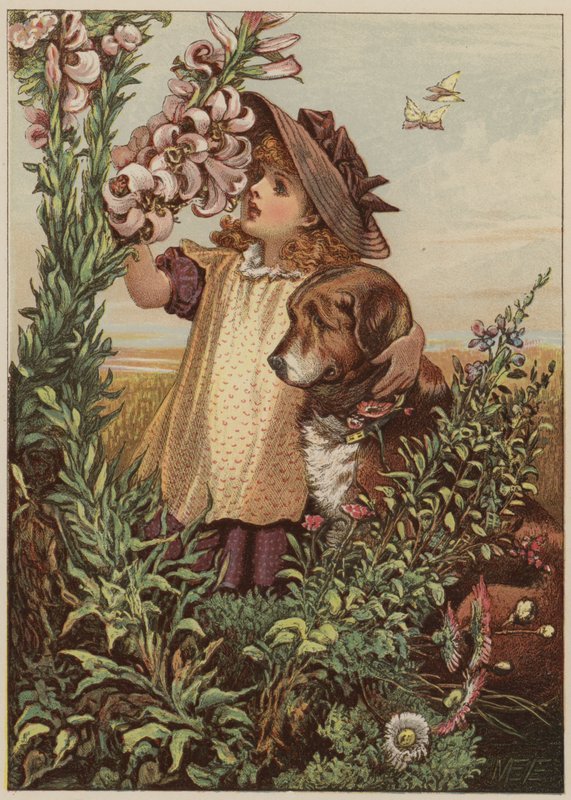 Flicka med hund som luktar blommor (chromolitho) av Mary Ellen Edwards