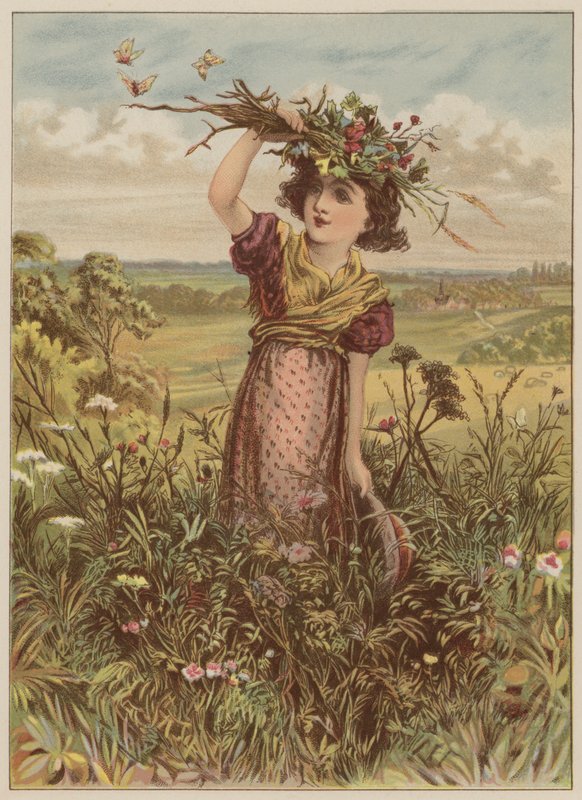 Flicka med blommor och fjärilar (chromolitho) av Mary Ellen Edwards